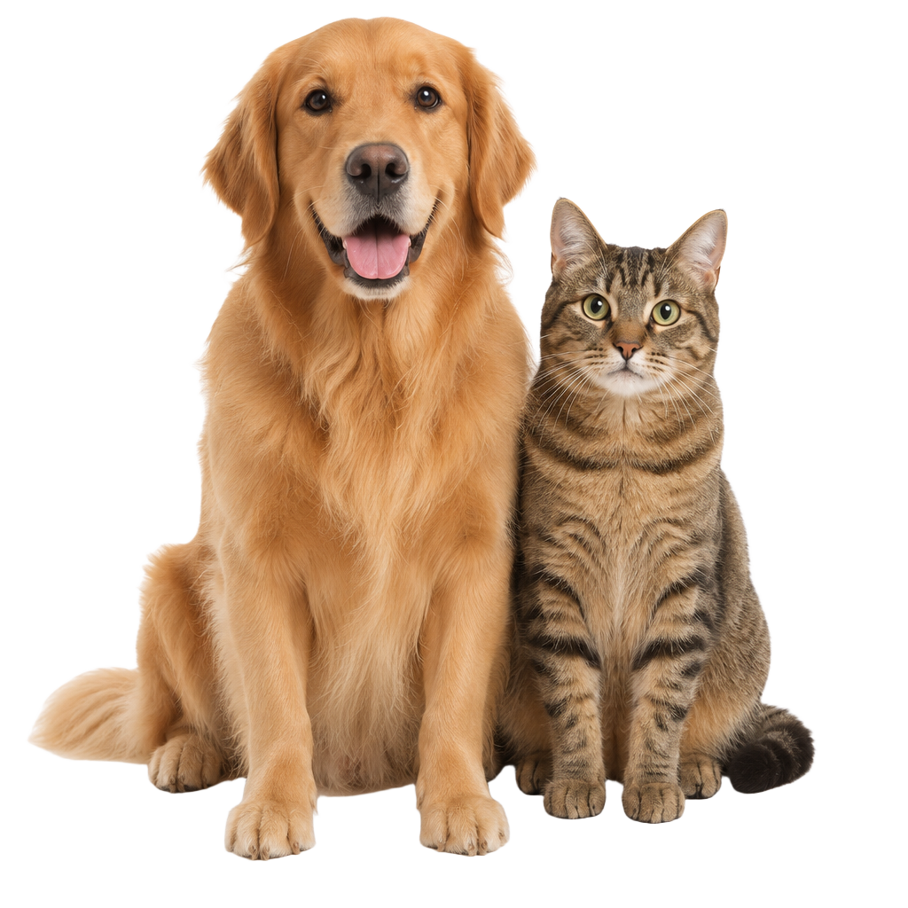 A golden retriever and a tabby cat sitting side by side