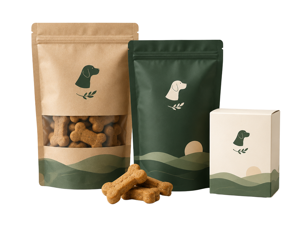 Packaged dog treats in retail pouches and a box